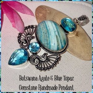 • Botswana Agate • Blue Topaz Gemstone Handmade Pendant